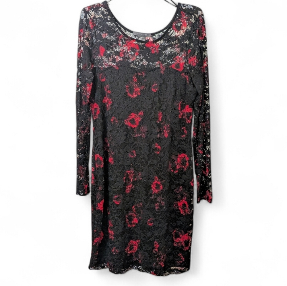 Suzy Spier Black and Red Floral Lace Dress L
